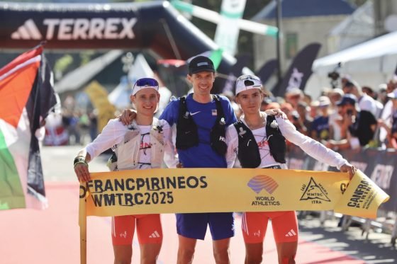 2025 Trail World Championships Long Trail mens podium - Jim Walmsley - Louison Coiffet - Benjamin Roubiol