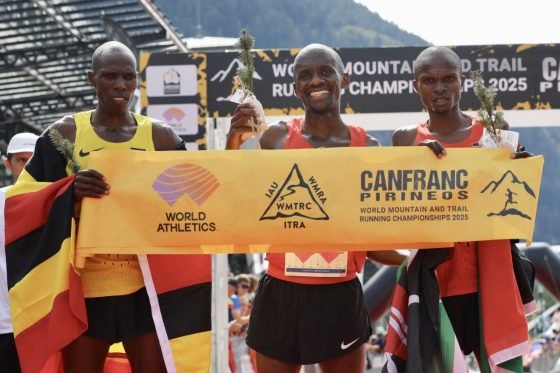 2025 World Mountain Running Championships Up and Down race - mens podium - Philemon Kirago - Martin Kiprotich - Paul Machoka