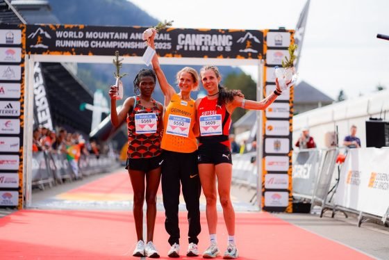 2025 World Mountain Running Championships Up and Down race - womens podium - Nina Engelhard - Ruth Gitonga - Oria Liaci