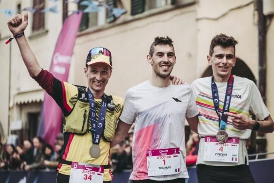 2026 Chianti Ultra Trail by UTMB 120k - mens podium - Thomas Cardin - Andreas Reiterer - Vincent Bouillard