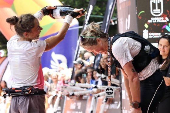 Blandine L'Hirondel - Lucy Bartholomew - 2026 Transvulcania Ultramarathon - finish line celebration